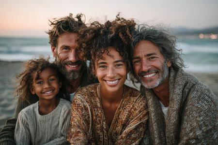 Diverse family group with curly hair, smiling together on a beach at sunset, showcasing love and connection in a relaxed and joyful environmentの素材