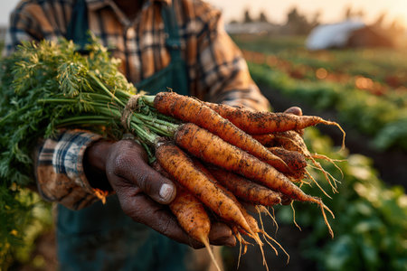 Farmer displays freshly harvested carrots with green tops in hands, surrounded by lush agricultural field, capturing the essence of organic farming and nature's bountyの素材