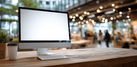 Mock up of desktop computer with empty screen on wooden table, accompanied by coffee cup, set in a contemporary workspace with a lively atmosphereの素材