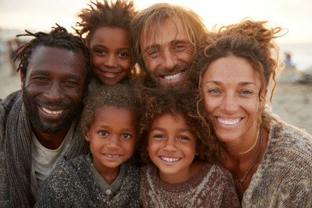 Family members with diverse backgrounds share smiles on a beach at sunset, highlighting their bond and love in a serene outdoor environmentの素材