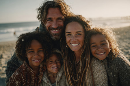 Happy family poses together on the beach at sunset, radiating warmth and joy, with soft waves and golden light creating a serene atmosphereの素材