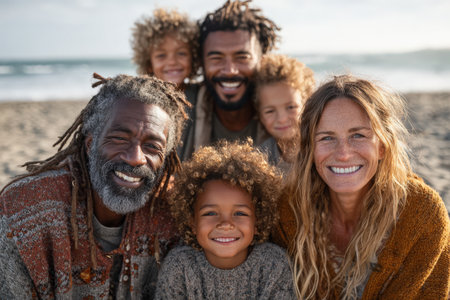 Group of happy individuals with curly hair, posing together on the beach, showcasing warmth and togetherness in a vibrant outdoor environmentの素材
