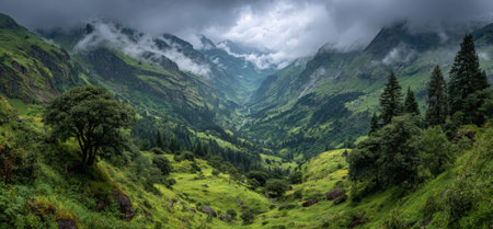 Expansive valley filled with vibrant greenery, framed by towering mountains and dramatic clouds, creating a serene and picturesque natural environmentの素材