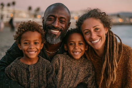 Smiling family of four enjoying time together on a beach at sunset, wearing cozy sweaters, capturing a moment of love and connection in a serene outdoor environmentの素材