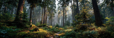 Dense forest scene featuring tall trees and vibrant greenery, with sunlight streaming through the foliage, enhancing the peaceful ambiance of natureの素材
