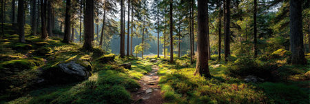Serene forest scene featuring a winding path surrounded by tall trees, dappled sunlight illuminating the lush greenery, inviting outdoor exploration and tranquilityの素材