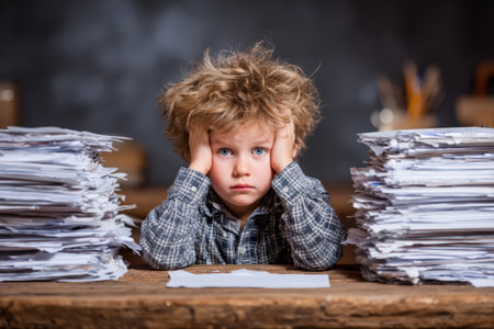 Child with tousled hair sits at a desk filled with paperwork, showing signs of stress and confusion in a busy and chaotic workspace atmosphereの素材