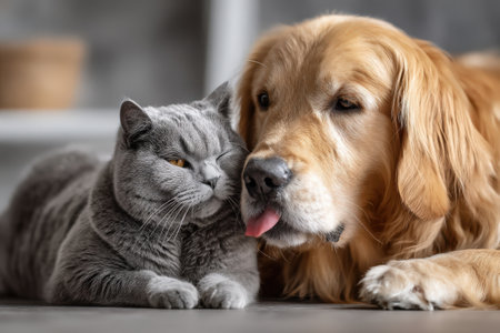 Golden retriever and gray cat are snuggled together on a soft surface, highlighting their bond and companionship in a warm, inviting indoor settingの素材
