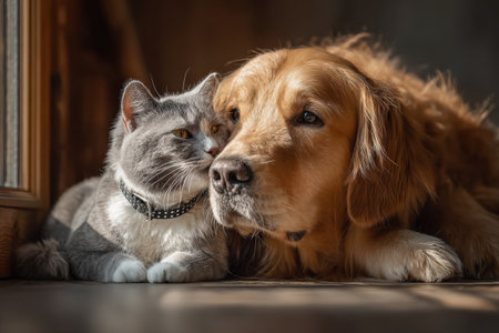 Grey cat and golden retriever dog are cuddling on a wooden floor, illuminated by warm sunlight, creating a serene atmosphere of friendship and comfortの素材