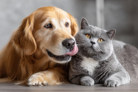 A golden retriever and a British shorthair cat are lying side by side on a wooden floor, illustrating their bond and warmth in a comfortable settingの素材