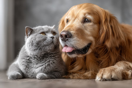 Golden retriever and gray cat are lying side by side on a wooden floor, highlighting their bond in a warm, inviting indoor setting with gentle lightingの素材