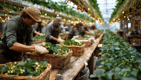 Group of agricultural workers, engaged in strawberry harvesting within a greenhouse, surrounded by vibrant plants and warm lighting, highlighting collaborative effort and agricultural practicesの素材
