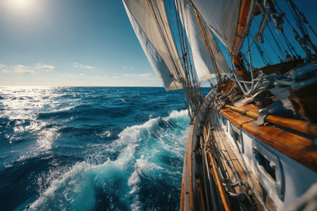 Sailing ship gliding across sparkling blue waves under a clear sky, capturing the essence of adventure and the serenity of the ocean environmentの素材