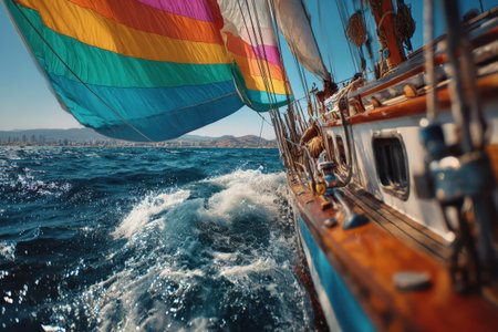 Vibrant sailboat with rainbow sail is navigating through deep blue ocean waters, capturing the essence of sailing and adventure under bright sunlightの素材