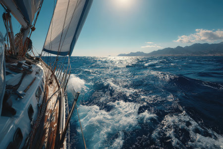 Sailboat gliding across sparkling blue waters, with sunlight reflecting off the waves, creating a serene atmosphere and capturing the essence of maritime explorationの素材