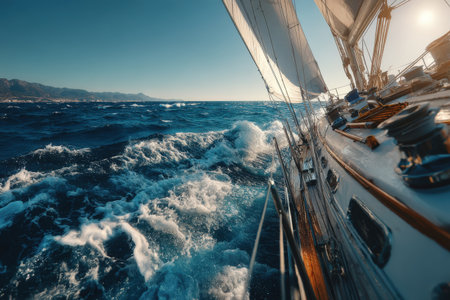 Sailboat gliding across dynamic ocean waves with sunlight reflecting off water, capturing the essence of adventure and freedom in a stunning maritime environmentの素材