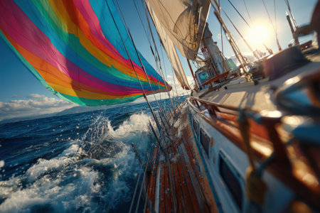 Vibrant sailboat with rainbow sail is navigating through ocean waves, illuminated by sunlight, capturing the essence of sailing and the thrill of adventureの素材