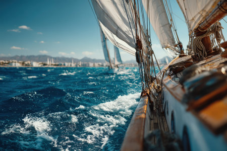 Sailing vessel gliding across deep blue ocean waves, with sails fully extended, capturing the essence of maritime adventure and the beauty of natureの素材