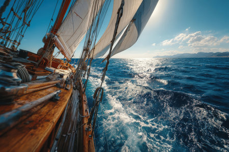 Traditional sailing ship with white sails navigating the deep blue sea, illuminated by sunlight, evoking a sense of freedom and nautical adventureの素材