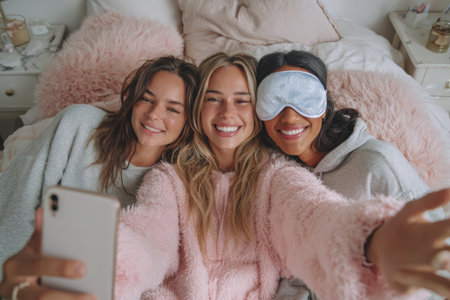 Three young women are happily taking a selfie in cozy pajamas, surrounded by plush pillows and blankets, creating a warm and inviting atmosphere of friendshipの素材