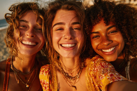 Group of three women smiling together at the beach during sunset, capturing the essence of friendship and joy in a warm, vibrant atmosphereの素材