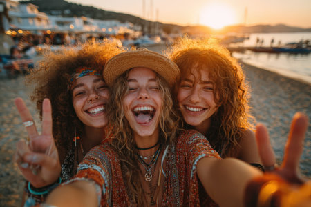 Group of three women with curly hair, enjoying a beach sunset while taking a selfie, showcasing vibrant clothing and a carefree atmosphereの素材