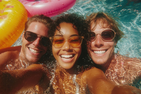 Three friends are having fun at a summer pool party, smiling for a selfie with colorful inflatable rings and sparkling water creating a vibrant atmosphereの素材