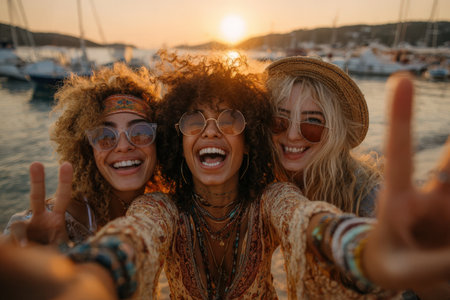 Group of three cheerful women with curly hair, enjoying sunset by marina, wearing stylish sunglasses and bohemian clothing, capturing joyful memories togetherの素材