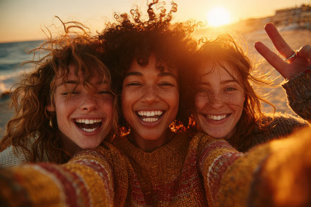 Group of three women with curly hair enjoying a sunset at the beach, taking a selfie together, showcasing their joyful expressions and vibrant atmosphereの素材