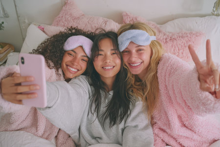 Group of three friends, wearing sleep masks and soft pajamas, are happily taking a selfie in a bright bedroom, capturing the essence of friendship and funの素材