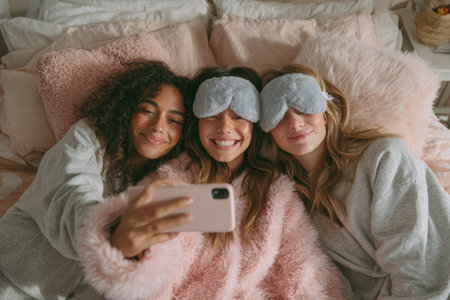 Three friends in sleep masks are enjoying a fun moment together on a bed filled with soft pillows and blankets, showcasing warmth and connectionの素材