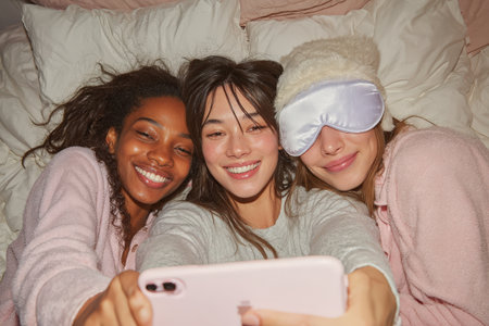 Three women in soft pajamas are enjoying a fun moment on a bed, smiling and taking a selfie with a smartphone, showcasing warmth and camaraderieの素材