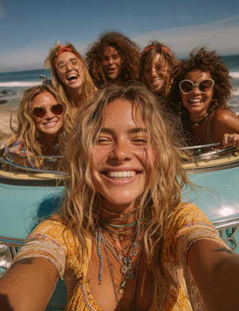 Happy young women with long hair, dressed in vibrant clothing, are smiling together in a vintage car by the beach, creating a lively and carefree atmosphereの素材