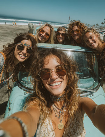 Diverse group of women having fun at the beach, posing together in front of a vintage car, showcasing friendship and carefree summer vibes in a sunny atmosphereの素材