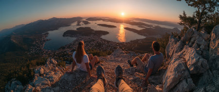 Friends sit on rocky cliff, admiring sunset over tranquil lake and hills, creating a perfect moment of connection and appreciation for nature's stunning sceneryの素材