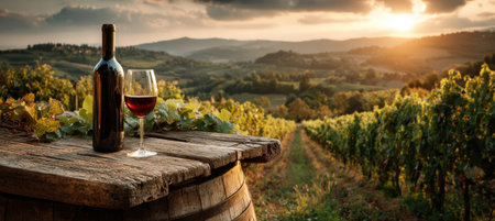 Red wine bottle and glass placed on wooden barrel in vineyard, with vibrant grapevines and sunset creating a tranquil atmosphere in the countrysideの素材