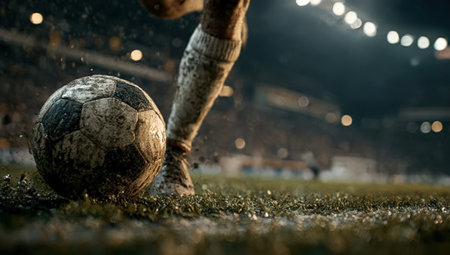 Athlete is kicking a muddy soccer ball on a wet field, with stadium lights shining brightly, capturing the excitement and energy of a competitive sports eventの素材