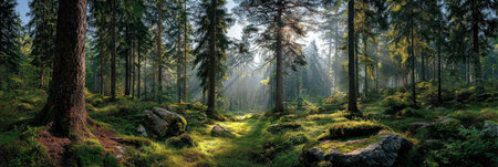 Expansive forest scene featuring towering trees, dappled sunlight breaking through foliage, highlighting vibrant moss and rocky terrain, evoking tranquility and nature's beautyの素材