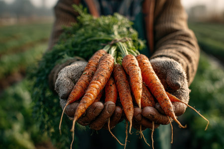 Farmer presents freshly harvested carrots with green tops, highlighting their vibrant color and texture, amidst a lush agricultural landscape filled with cropsの素材