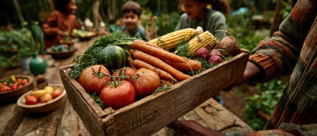 A wooden crate filled with vibrant vegetables like tomatoes, carrots, and corn, set in a lush garden with children playing nearby, showcasing nature's bountyの素材