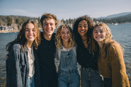 Diverse group of young adults enjoying time by the lake, smiling and laughing together, surrounded by nature, creating a lively and cheerful atmosphereの素材