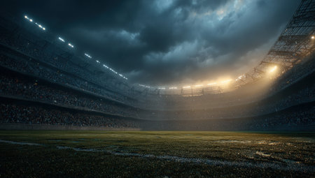 Empty stadium field under dramatic clouds, illuminated by bright lights, creating an intense ambiance for an upcoming sports event with a captivating atmosphereの素材