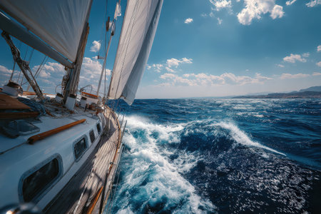Sailboat gliding across the deep blue sea, with waves crashing against the hull and a picturesque sky filled with clouds, capturing the essence of maritime explorationの素材