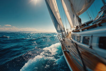 A sailboat navigates through sparkling ocean waves, illuminated by sunlight, capturing the essence of sailing and the excitement of maritime explorationの素材