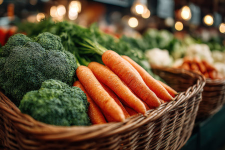 Organic vegetables in a rustic basket, showcasing bright carrots and fresh broccoli, arranged beautifully at a market, promoting healthy lifestyle choicesの素材