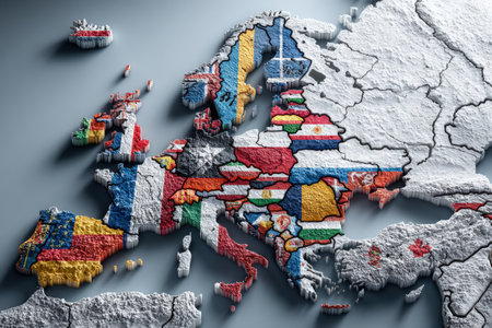 Textured map of Europe featuring national flags, illustrating cultural diversity and unity, with vibrant colors and intricate details enhancing the visual appealの素材