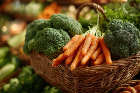 Organic carrots and broccoli are beautifully displayed in a woven basket, highlighting fresh vegetables in a market environment, promoting healthy eating habitsの素材