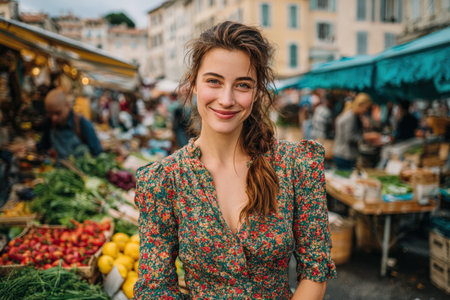 Female with long hair, dressed in floral attire, stands in bustling outdoor market filled with fresh fruits and vegetables, radiating happiness and connectionの素材