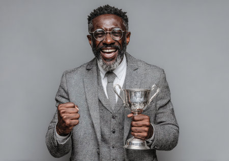 Male winner in a stylish gray suit is celebrating victory with a trophy, expressing joy and pride in a professional environment filled with excitementの素材