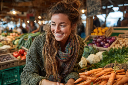 Female shopper with brown hair is joyfully choosing fresh carrots at a bustling market, surrounded by a variety of colorful vegetables and lively vendorsの素材